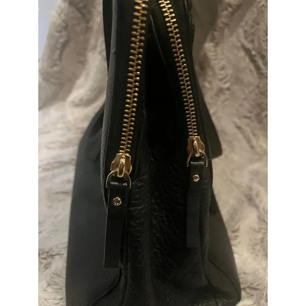 Kate Spade New York Black Pebbled Leather Double Zip Tote Bag Gold Hardware